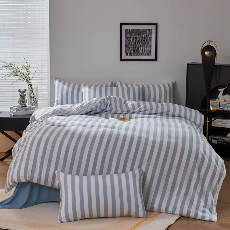 Blue Boho Striped Microfiber Bedding Set – 4-Piece Soft & Cozy Duvet Cover Set with Pillowcases & Flat Sheet