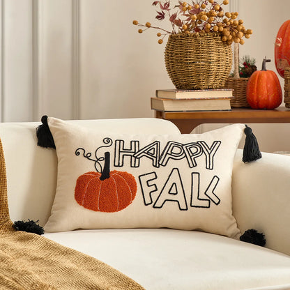 Decorative pillow with 'Happy Fall' text and pumpkin design on a couch. Halloween and Thanksgiving decorative pillow cover For Fall