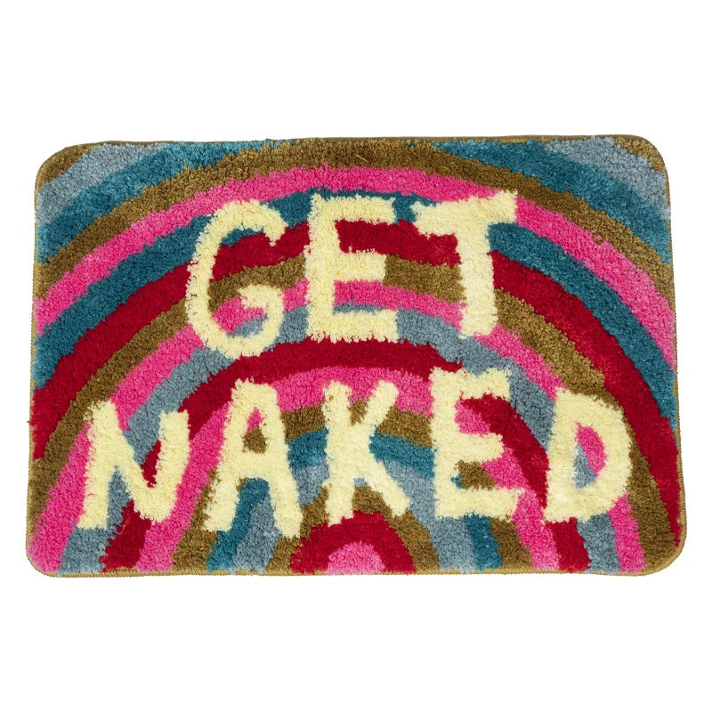 Colorful doormat with 'GET NAKED' text on a white background boho home decor, bathroom rug, tufted bath mat, Get Naked rug, colorful shower mat, apartment decor, dorm bathroom accessories, housewarming gift, microfiber bath mat, fun bathroom rug, American style bath mat