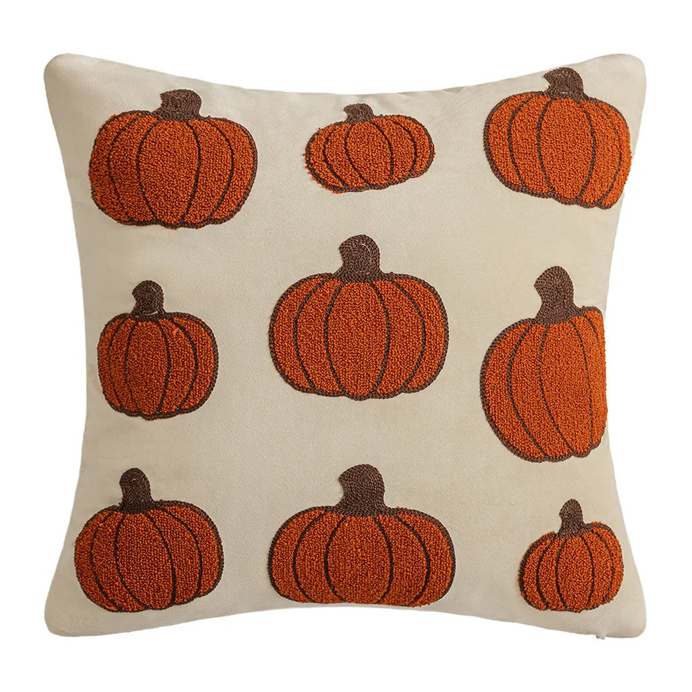 Decorative pillow with orange pumpkin pattern on a beige background Autumn velvet embroidered pumpkin pillow cover, Nordic-style decorative cushion for sofa, bed, and fall boho home decor
