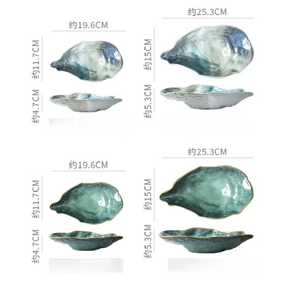 Japanese Kiln-Glazed Ceramic Oyster Dish – Irregular Shell-Shaped Plate for Dips, Dessert & Appetizers