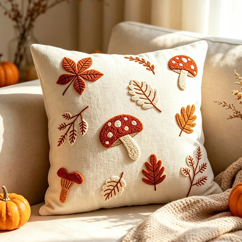 A square cream throw pillow with embroidered autumn leaves and mushrooms, styled on a beige sofa with pumpkins and a knit blanket. Boho fall home decor.