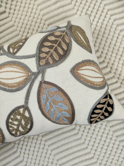 Leaf Embroidered Throw Pillow Cover – Canvas Cushion Cover for Boho Home Decor