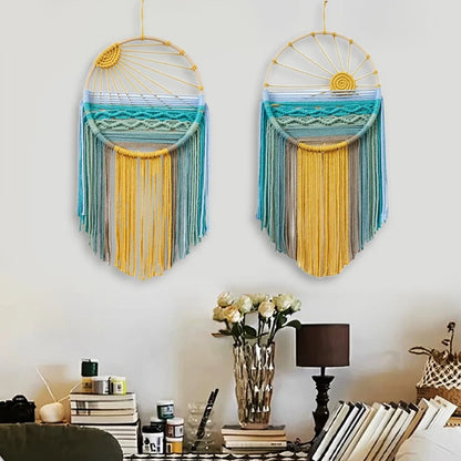 Sunrise & Sunset woven boho wall hanging displayed on wall, Nordic style cotton tapestry featuring warm earthy tones, perfect for boho home decor and eclectic interior design ideas, adds cozy bohemian vibes and textured aesthetic home decor to any living room or bedroom.