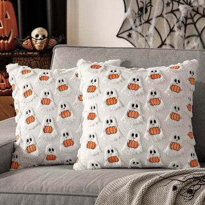 Ghost & Pumpkin Plush Faux Fur Pillow Cover – 18x18” Halloween & Fall Decor for Sofa or Bed