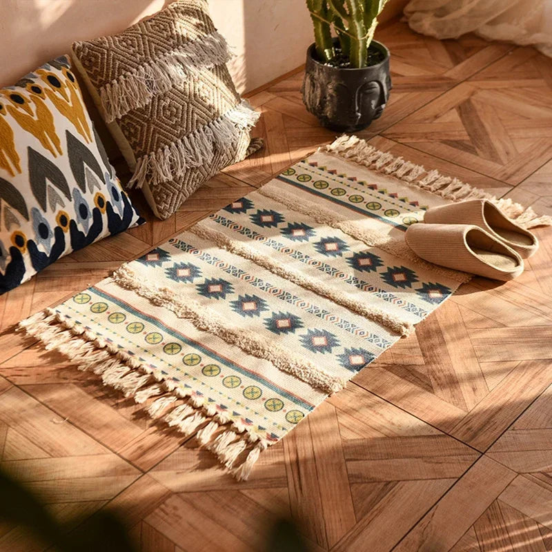 Bohemian Handwoven Tassel Rug – Vintage-Inspired Linen Accent for Home & Living Spaces - Diamonds & Arrows