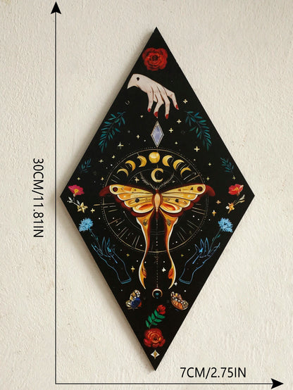 Decorative wall art with a butterfly and hand design, shown with measurements on a plain background. Close-up of butterfly and moon phase wooden wall decoration, showing engraved 3D detailing and vibrant colors