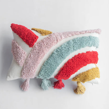 Vibrant Tufted Geometric Nature Embroidered Cushion Cover – Boho Patchwork Throw Pillow