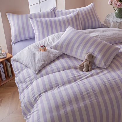 Liliac Purple Boho Striped Microfiber Bedding Set – 4-Piece Soft & Cozy Duvet Cover Set with Pillowcases & Flat Sheet