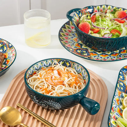 Boho Floral Green Ceramic Plate or Bowl – Retro Dinnerware for Breakfast, Salad, or Soup