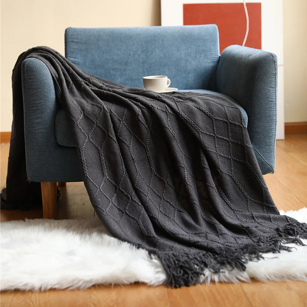 Black Boho Nordic Knitted Throw Blanket with Tassels – Geometric Diamond Design for Bed, Couch, and Living Room