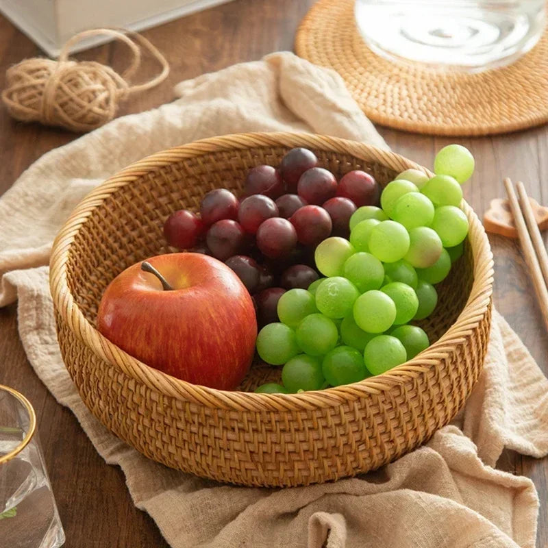 Wicker basket with grapes and an apple on a wooden table boho home decor, rattan basket, handwoven wicker basket, fruit storage box, bread basket, picnic basket, natural storage bin, tea storage box, rustic home organization, farmhouse decor, housewarming gift, boho storage basket