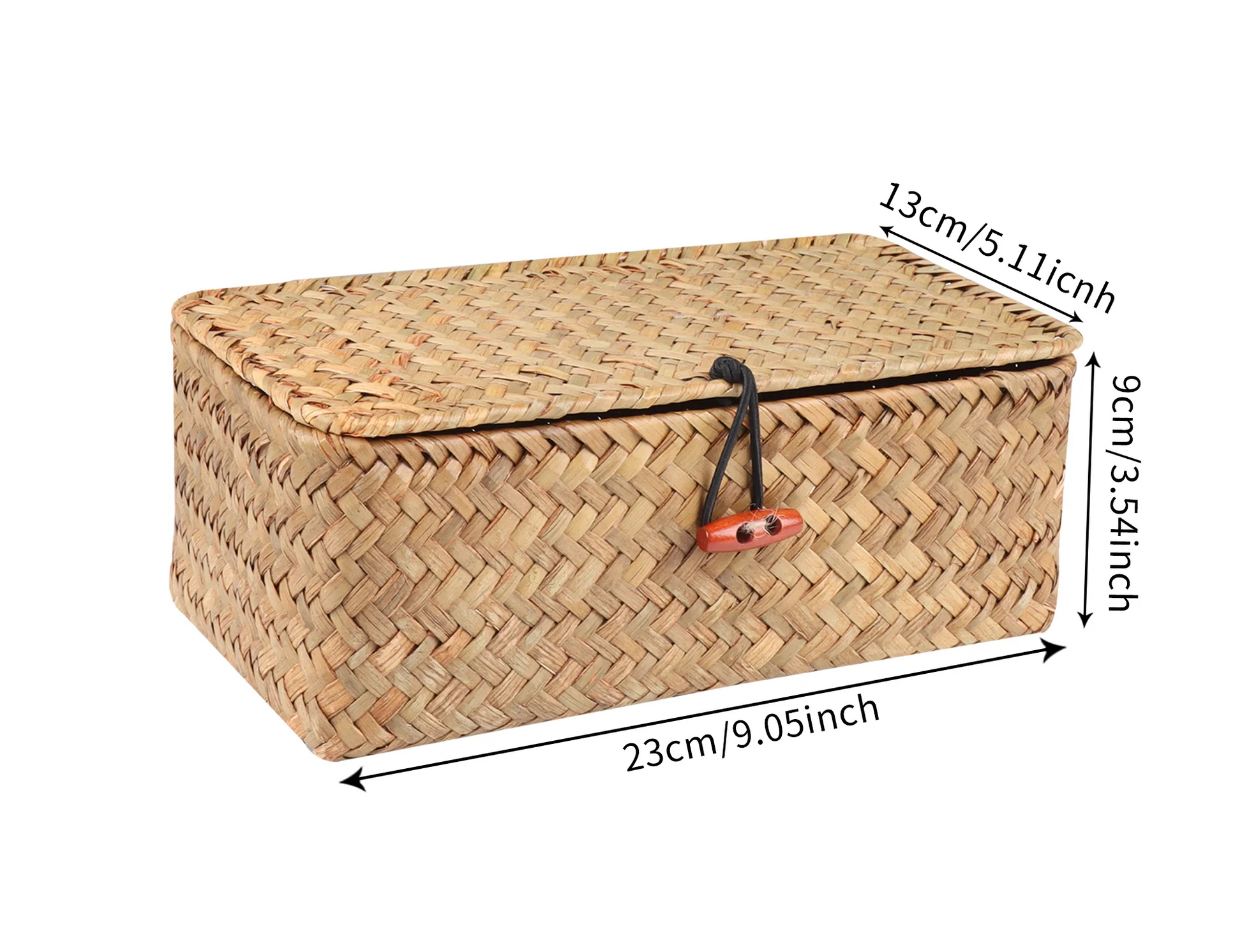 Woven storage box with dimensions on a white background Handmade seagrass rattan storage box with lid, rectangular woven organizer basket for makeup, jewelry, office, and boho home decor