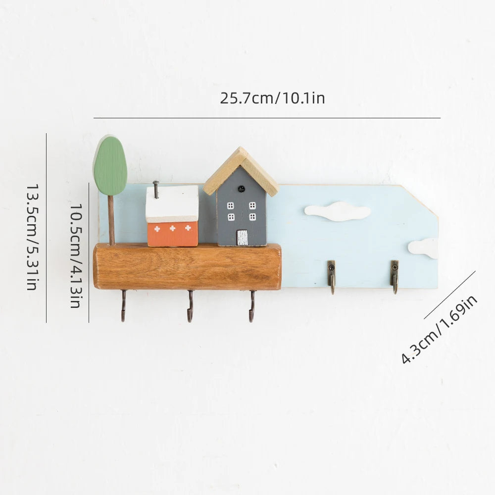 🏡 Fairytale Town Wall Hook Rack – Boho Wooden Key Holder & Decorative Village Scene Organizer