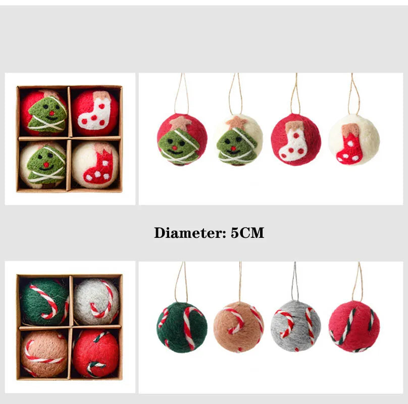 Set of colorful Christmas-themed felt ornaments with a box on a white background.