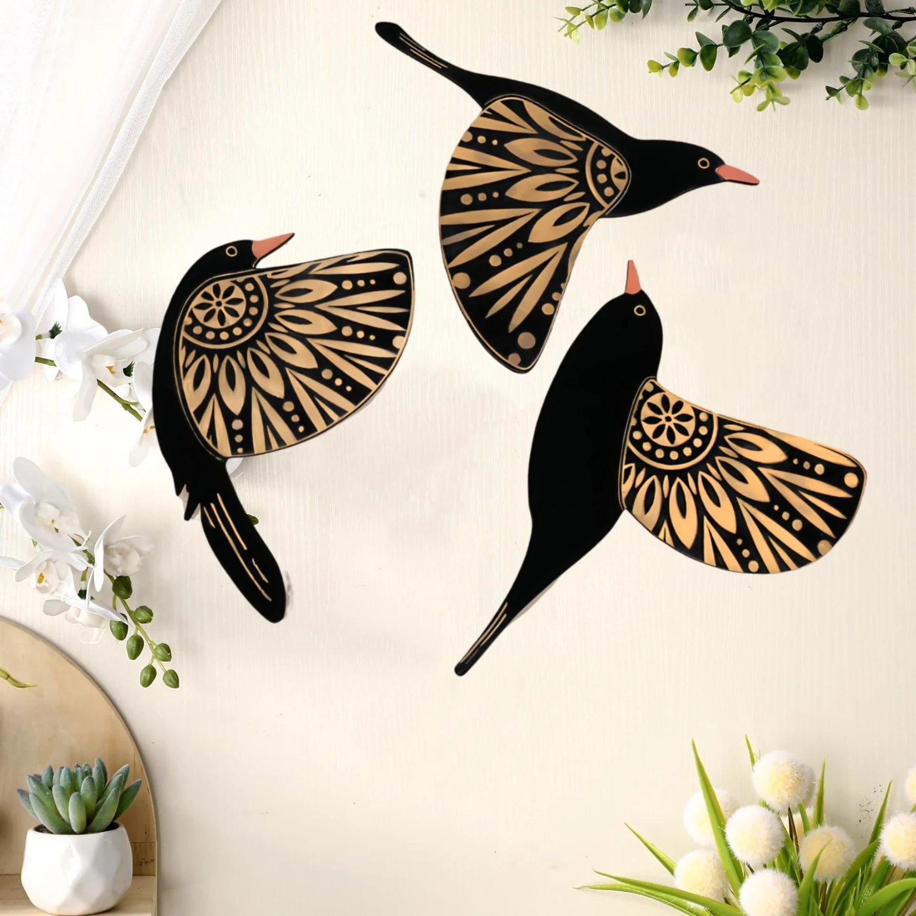 3-Piece Wooden Bird Wall Decor Set – Patterned Boho Home Decor for Indoors & Outdoors Bird Lover Gift for Birder
