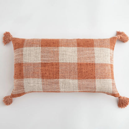 Orange linen tassels cushion cover styled on modern sofa, decorative boho throw pillow for living room, bed, or chair, perfect for cozy home vibes and housewarming gift ideas. Square and Rectangle.