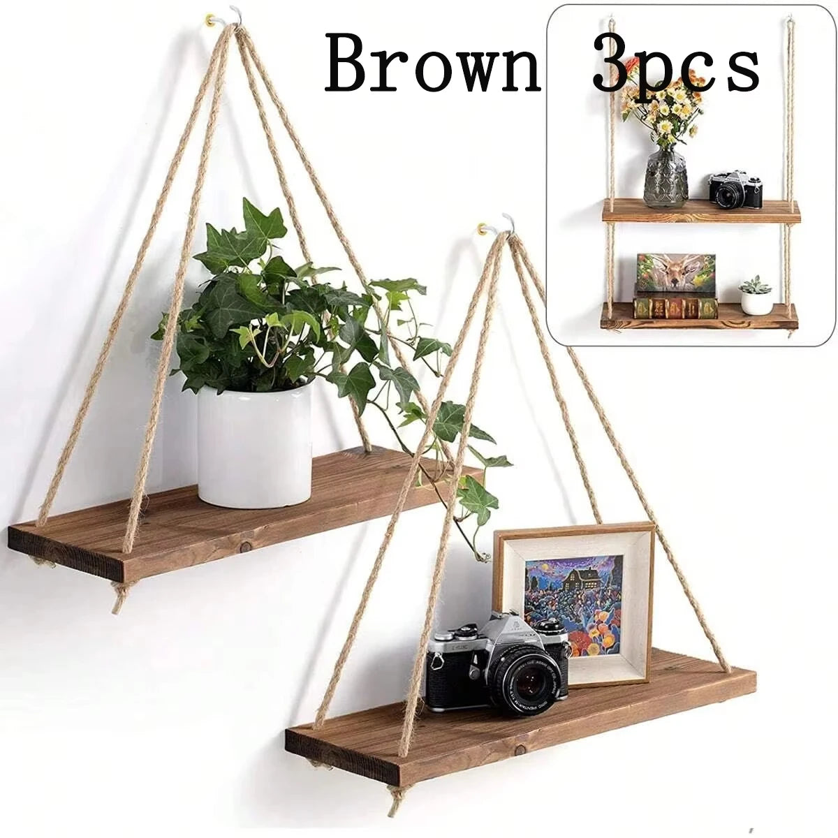 1Pc or 3Pcs Wooden Swing Hanging Hemp Rope Wall Shelf Mounted Floating Home Living Room Plant Flower Pot Tray Storage Garden Decoration Shelves Boho Home Decor Wall Art