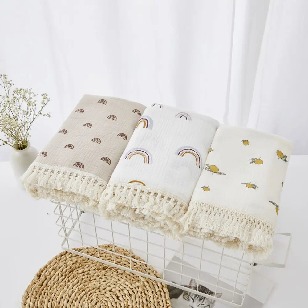 🌿 Cotton Muslin Swaddle Blanket – Soft, Breathable & Boho-Inspired for Newborns