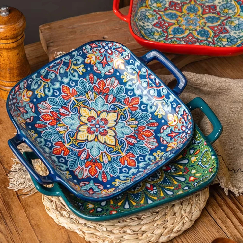 Boho Double-Ear Ceramic Pasta & Salad Plate – Square Oven-Safe Serving Dish