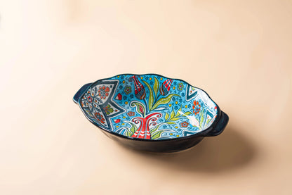 Bohemian Egg-Shaped Ceramic Baking Plate – 9" Colorful Oval Pasta, Salad & Fruit Dish