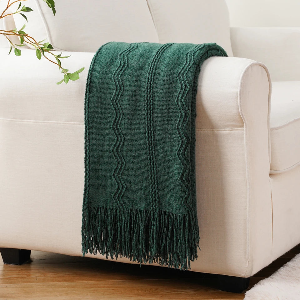 Boho Knit Throw Blanket – Soft Lightweight Acrylic Blanket with Tassels