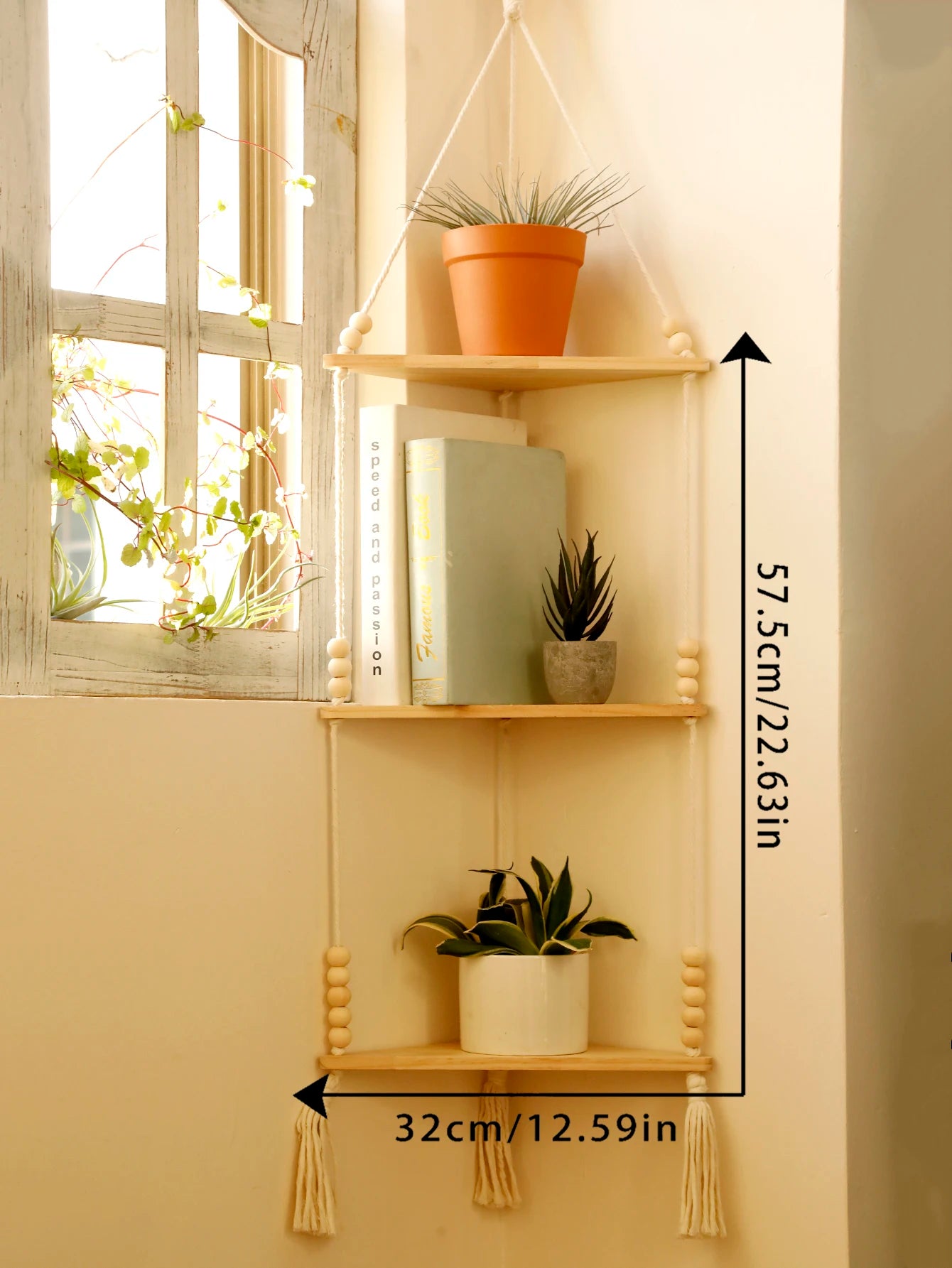 Boho Macrame Hanging Wooden Shelf – Handcrafted Floating Wall Shelf for Home Decor