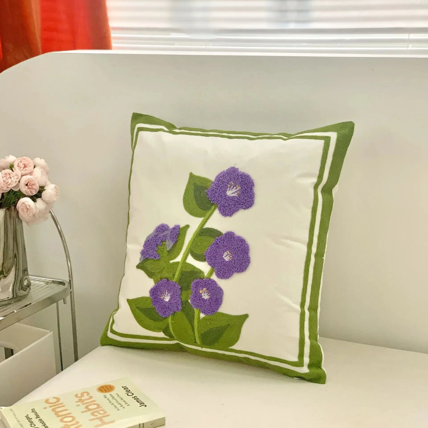 Flower Embroidered Plush Throw Pillow Cover – Minimalist Boho Cushion for Sofa, Bed, or Chair | 18x18 Inch | Garden-Inspired Housewarming Gift