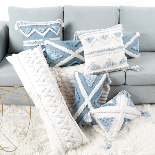 Blue Geometric Tufted Pillow Cover with Tassels – Boho Home Decor Accent for Couch, Bed & Living Room