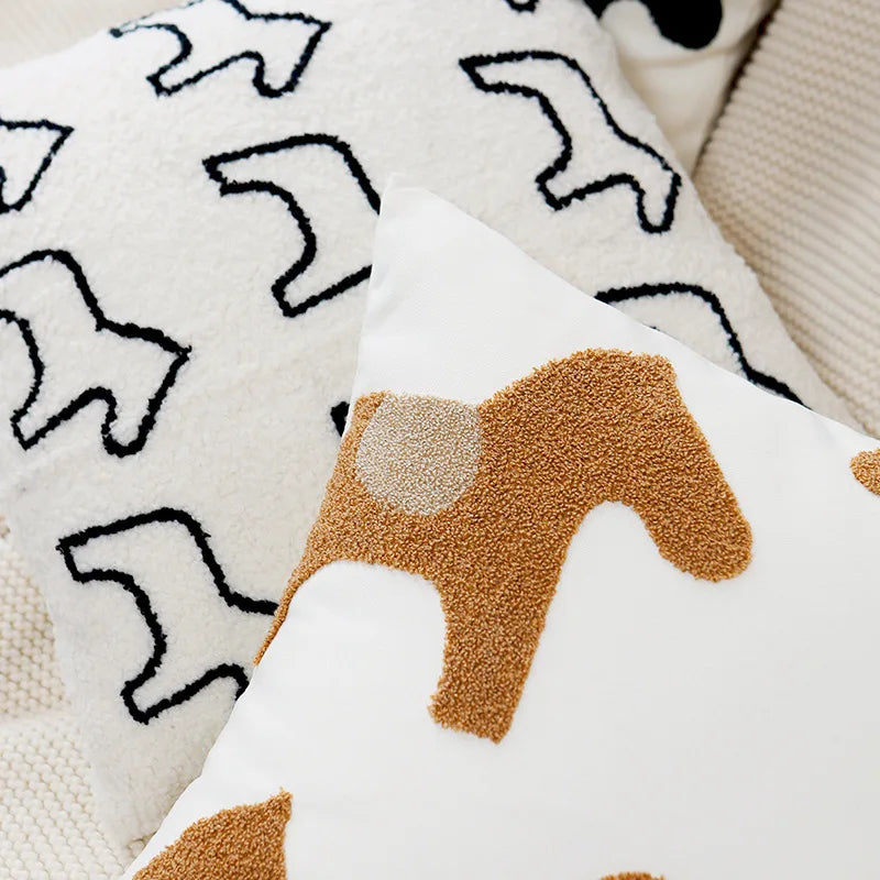 My Boho Home Nordic Embroidered Animal Pillow Cover – Modern Boho Plush Cushion for Couch, Bed or Nursery Horses