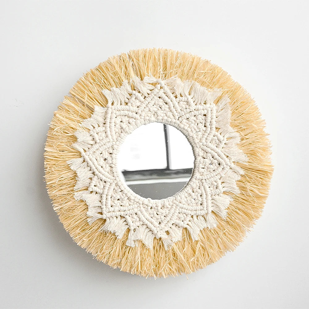 Round mirror with beige and white macrame frame on a light gray background boho home decor, boho wall mirror, macrame wall mirror, nordic decor, romantic wedding wall decoration, housewarming gift, round straw mirror, woven wall decor, tapestry mirror, boho bedroom wall accent, rustic mirror wall hanging