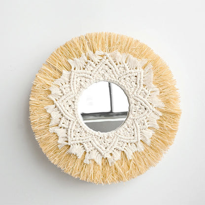 Round mirror with beige and white macrame frame on a light gray background boho home decor, boho wall mirror, macrame wall mirror, nordic decor, romantic wedding wall decoration, housewarming gift, round straw mirror, woven wall decor, tapestry mirror, boho bedroom wall accent, rustic mirror wall hanging
