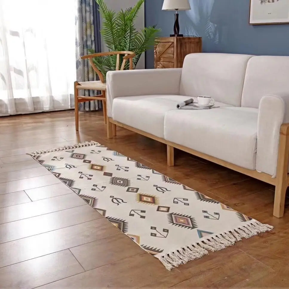 Boho Cotton Woven Geometric Rug – Anti-Slip Floor Mat for Living Room, Bedroom & Entryway