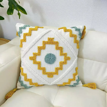 Decorative pillow with geometric pattern on a white couch boho home decor, housewarming gift, chenille pillow cover, geometric cushion case, Nordic pillowcase, velvet throw pillow, sofa cushion, bedroom pillow cover, modern jacquard cushion, decorative car pillow, textured home decor, looped velvet pillow