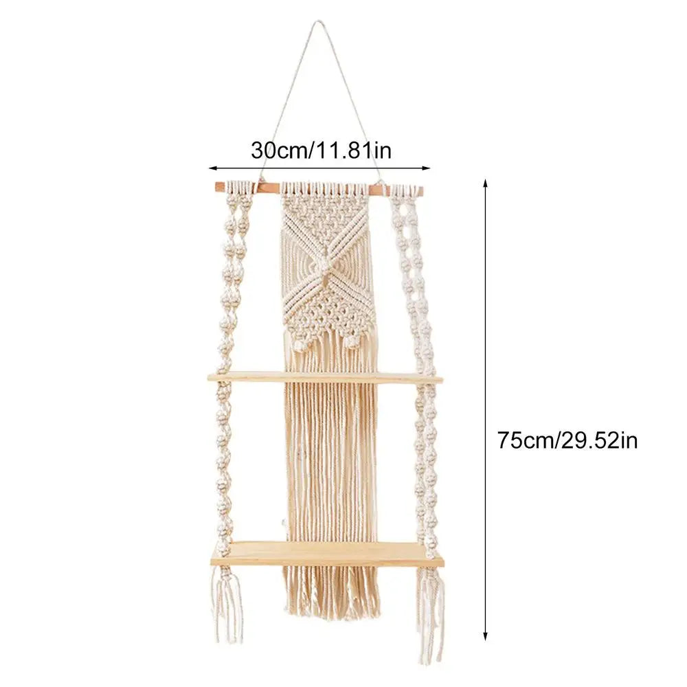 2 Tier Macrame Wall Hanging Floating Shelf Natural Cotton Rope Boho Home Decor Wooden Shelves Candle Holder Hangings Shelving