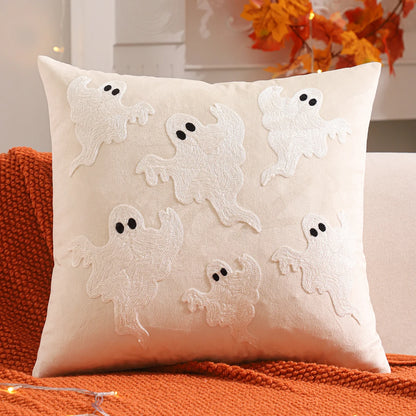 Halloween Pumpkin & Ghost Embroidered Velvet Pillow Cover – Festive Throw Cushion for Sofa, Bed & Home Decor