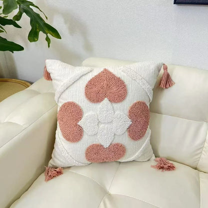 Decorative pillow with pink floral pattern on a white sofa boho home decor, housewarming gift, chenille pillow cover, geometric cushion case, Nordic pillowcase, velvet throw pillow, sofa cushion, bedroom pillow cover, modern jacquard cushion, decorative car pillow, textured home decor, looped velvet pillow