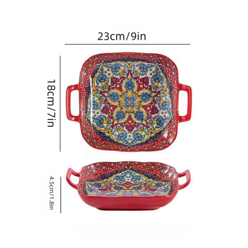 Boho Double-Ear Ceramic Pasta & Salad Plate – Square Oven-Safe Serving Dish