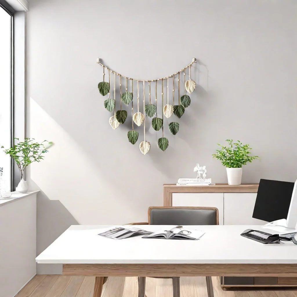 Boho Home Decoration Macrame Tapestry Leaf Feather Wall Hanging Decor for Living Room Bedroom Wall Art