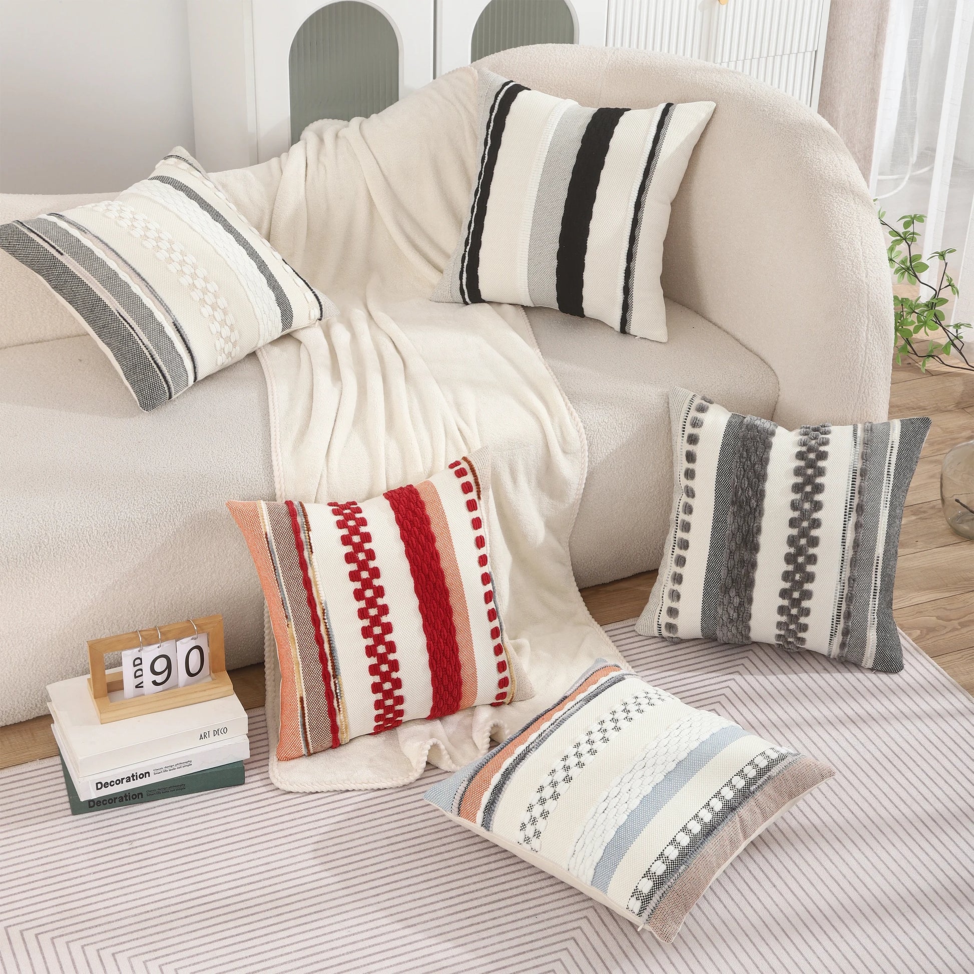 Boho Striped Chenille Throw Pillow Cover – Decorative Square Cushion for Cozy Home Accents