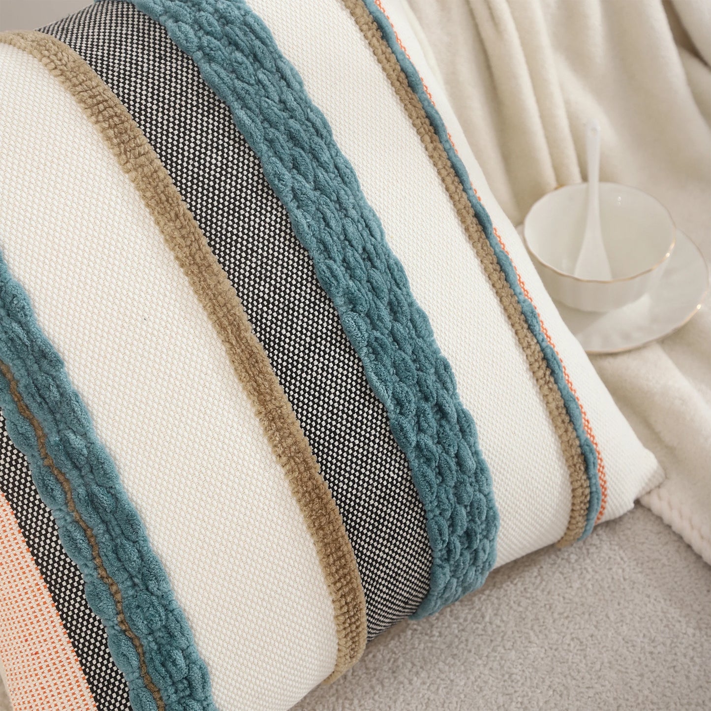 Boho Striped Chenille Throw Pillow Cover – Decorative Square Cushion for Cozy Home Accents