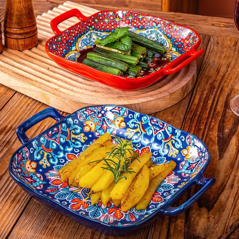 Boho Double-Ear Ceramic Pasta & Salad Plate – Square Oven-Safe Serving Dish