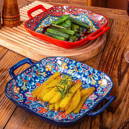 Boho Double-Ear Ceramic Pasta & Salad Plate – Square Oven-Safe Serving Dish