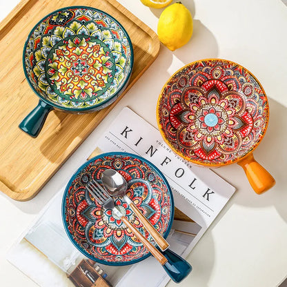 Bohemian Ceramic Single Handle Bowl – Artistic Bowl for Soups, Noodles & More