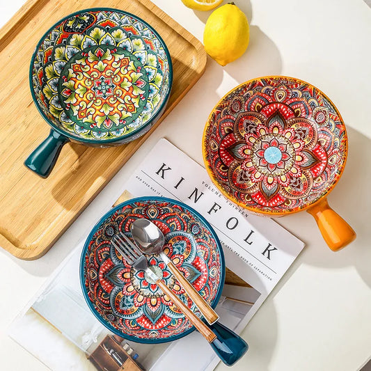 Bohemian Ceramic Single Handle Bowl – Artistic Bowl for Soups, Noodles & More