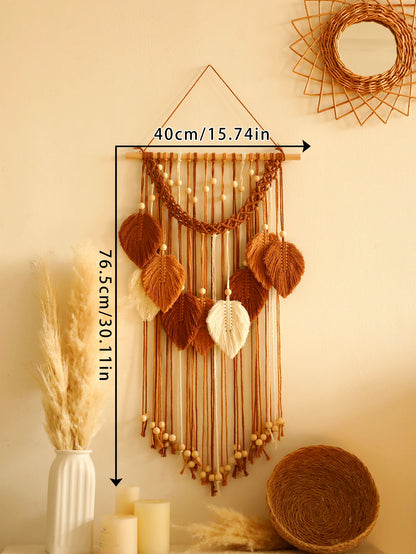Leaf Macrame Wall Tapestry – Boho Cotton Wall Hanging in Green or Brown