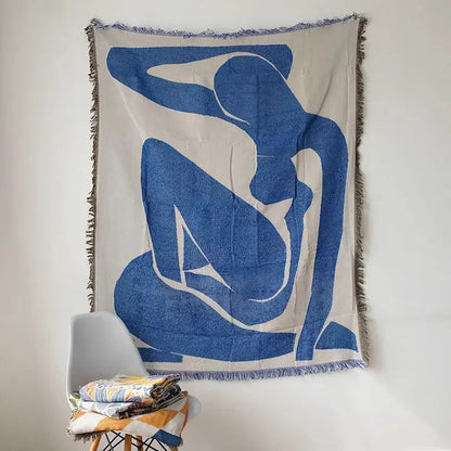 🌿 Blue Leaf Embroidered Throw Blanket – Boho Home Decor with Tassels | Sofa Blanket, Tapestry, Wall Hanging & Housewarming Gift