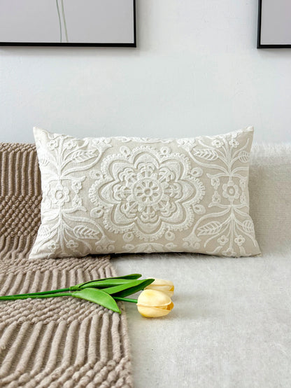 Boho Mandala Embroidered Throw Pillow Cover – Floral Accent Cushion Case for Sofa, Couch, or Bed