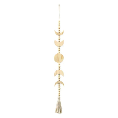 Wood Moon Phase Wall Hanging Boho Tassel Celestial Ornament Wood Bead Garland Living Room Wall Decor Home Decoration