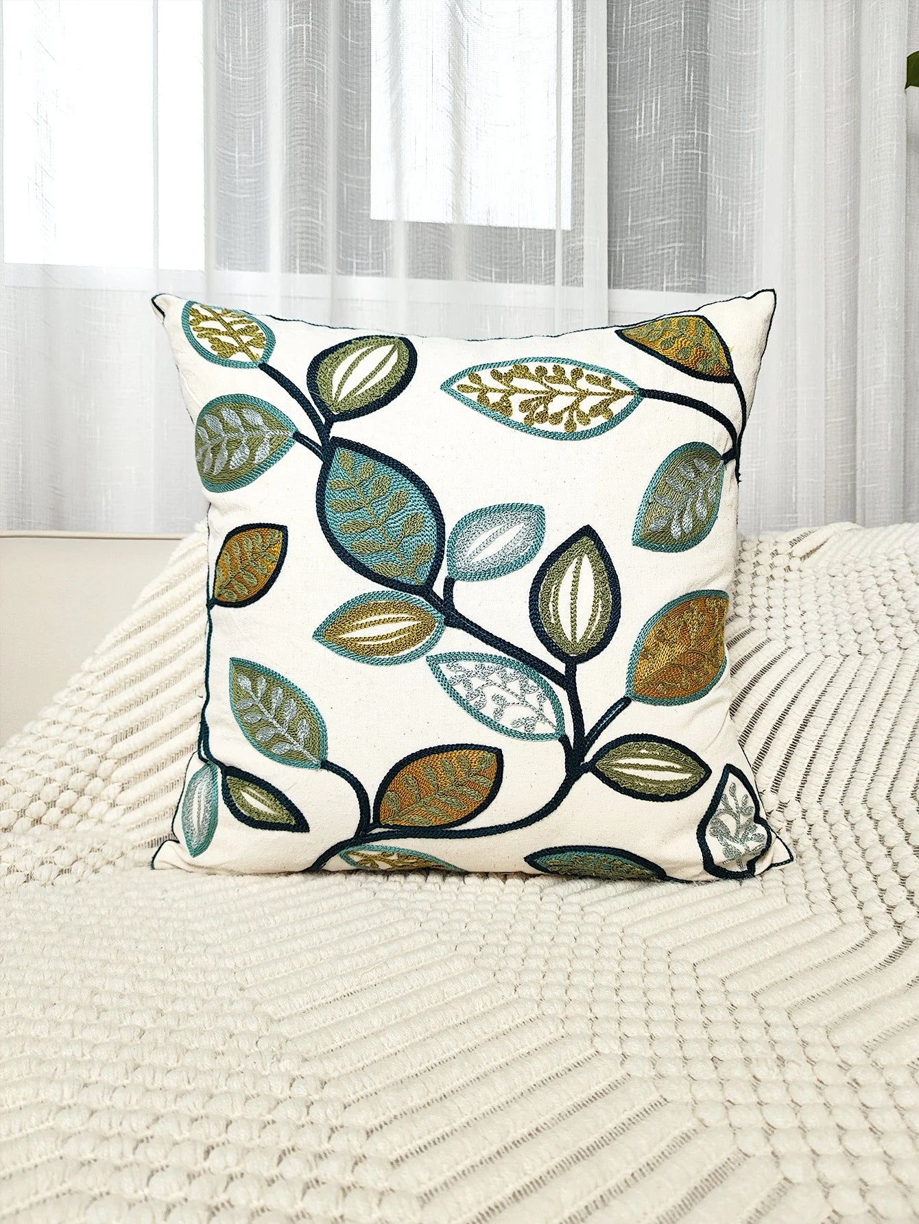 1pc Leaf Embroidered Canvas Throw Pillow Cover for Living Room and Home Decor Cushion Cover Pillowcase Leaves